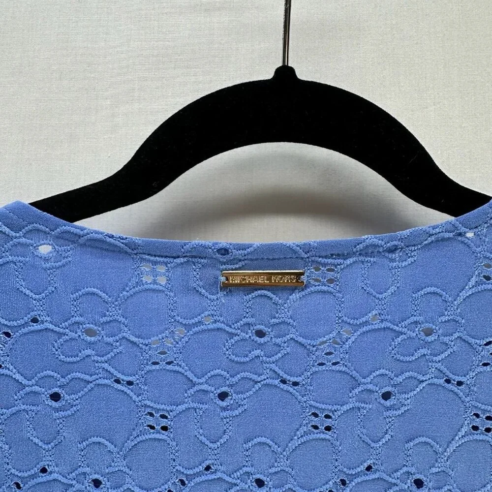 Michael Kors Floral Lace Eyelet Top Womens M V-Neck Ruffle Sleeve Pullover Blue